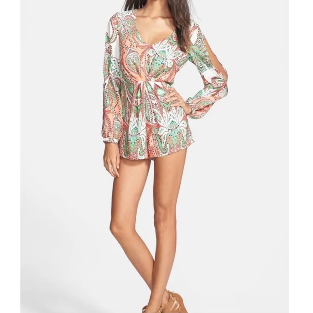 FILTRE Split Long Sleeve Paisley Short Romper Green Small Boho Festival Romantic